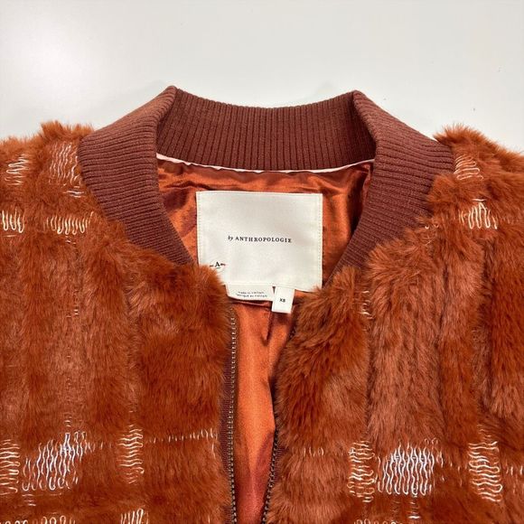 Anthropologie Teddy Bomber Jacket Pockets Lined Plaid Orange Red XS - Picture 6 of 8